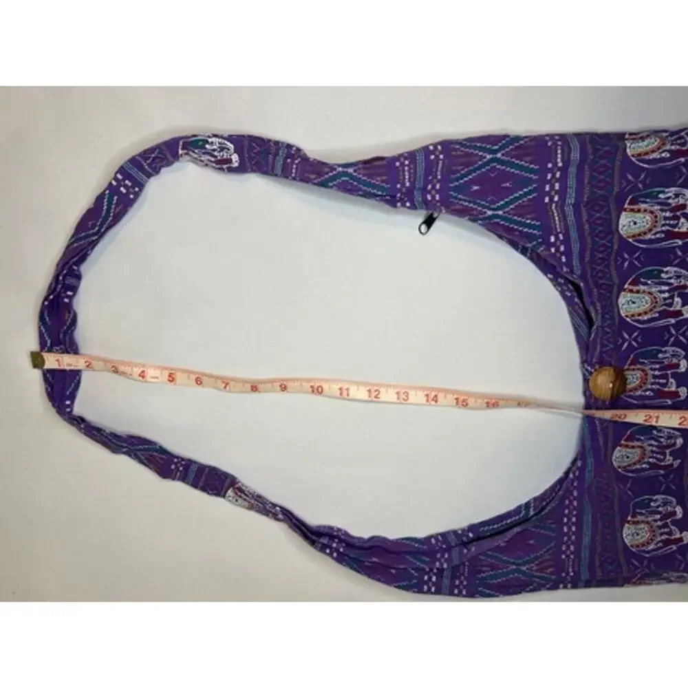 Purple Elephant Print Boho Sling Bag Hippie Hobo Shoulder Purse Zip Pockets